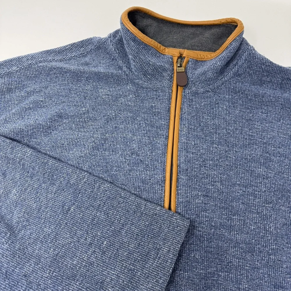 Orvis Sweater Mens Large Blue Quarter‎ Zip Mock Neck Leather Trim Elbow Patches